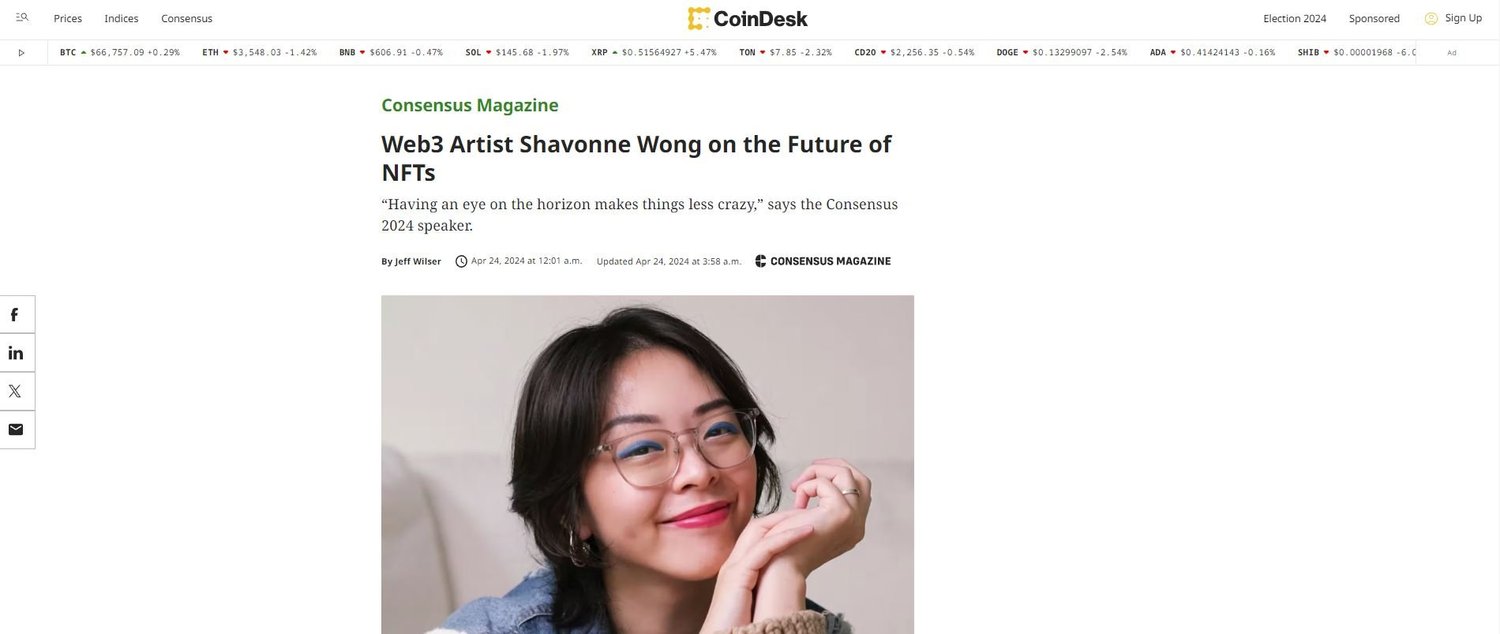 CoinDesk Consensus Magazine 关于 Shavonne Wong 与 NFT 未来的文章。