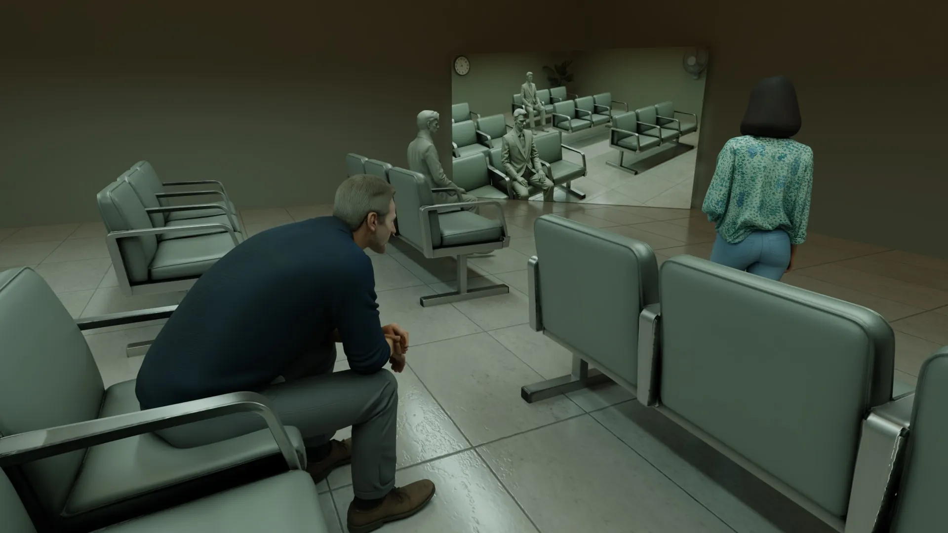 The Waiting Room 概念渲染图,人们站在房间里面对屏幕