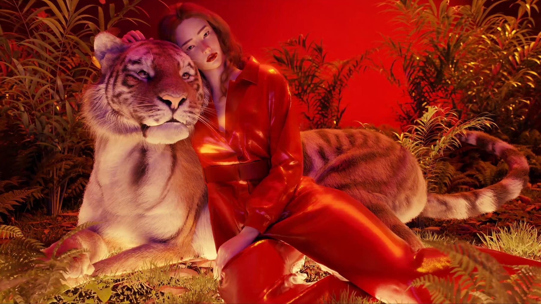 Year of the Tiger, digital tigress figure in vivid red, still from the dynamic work